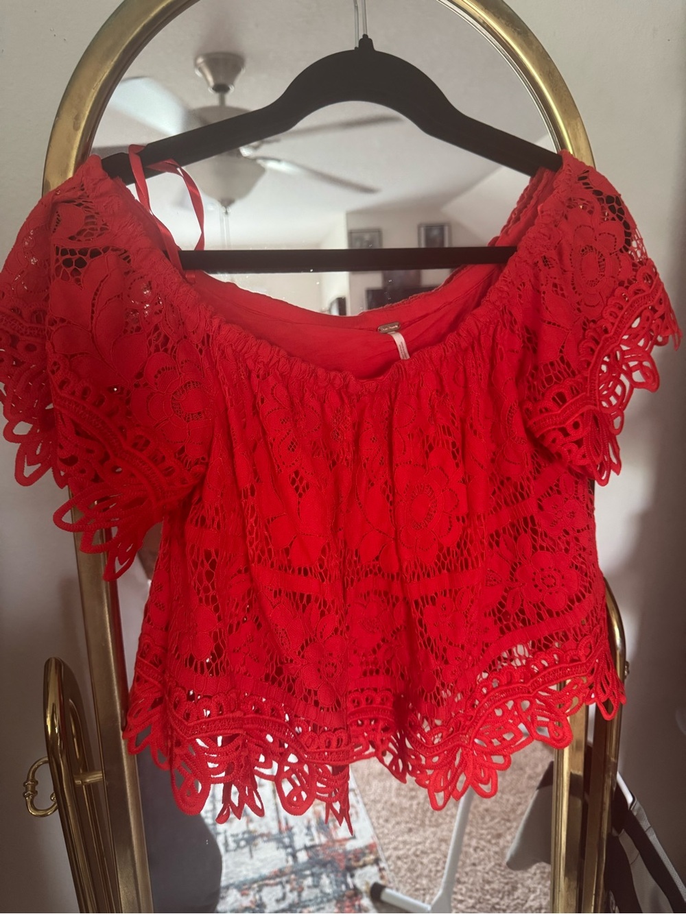 Free People Red Lace Off-Shoulder Crop Top